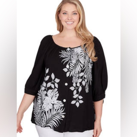 Ruby Rd. Tops - Ruby Rd. Tropical Print Crepe Top with Sleeve Ties NEW 1X